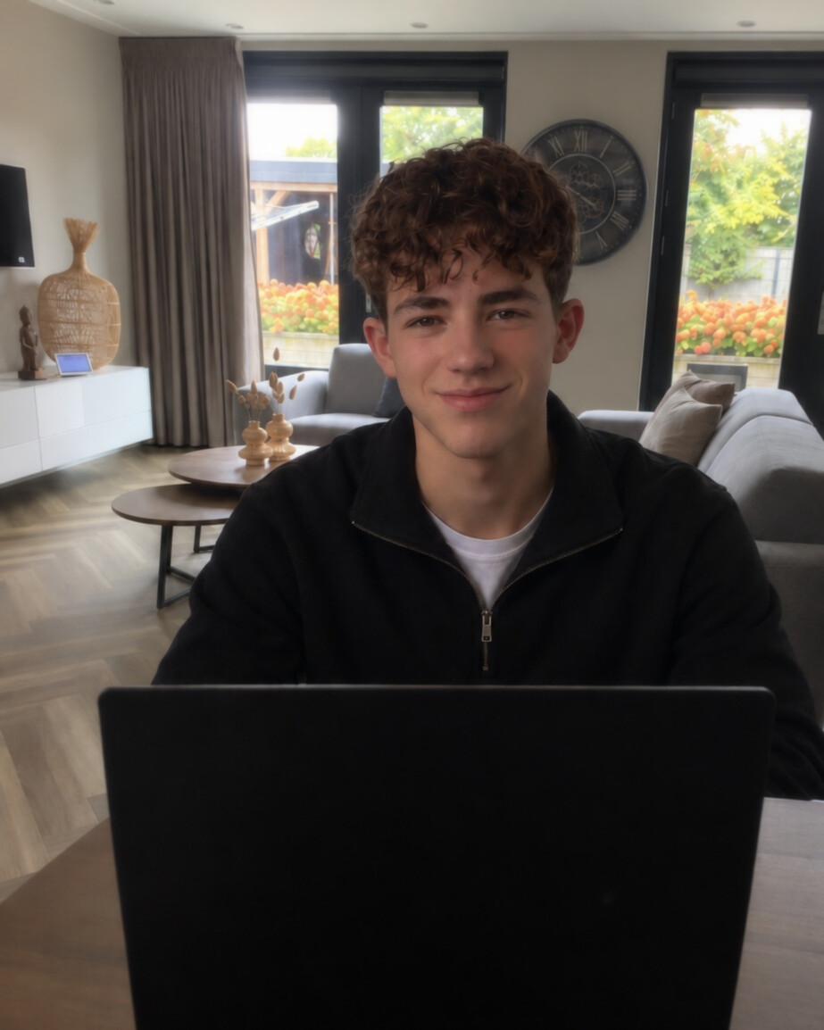 Sean-Luc Haan, de bouwer achter Haan WebWorks, aan tafel achter zijn laptop